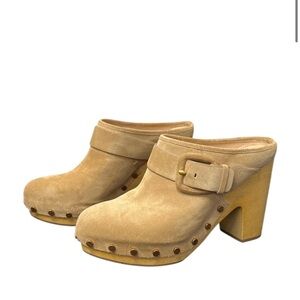 Veronica Beard Women's Tan Clogs with Buckle Detail
